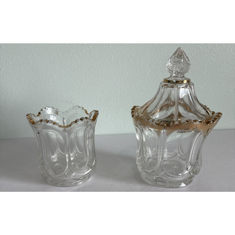 Vintage EAPG US Glass Biscuit Jar w/Lid and Sugar‎ bowl with gold Trim